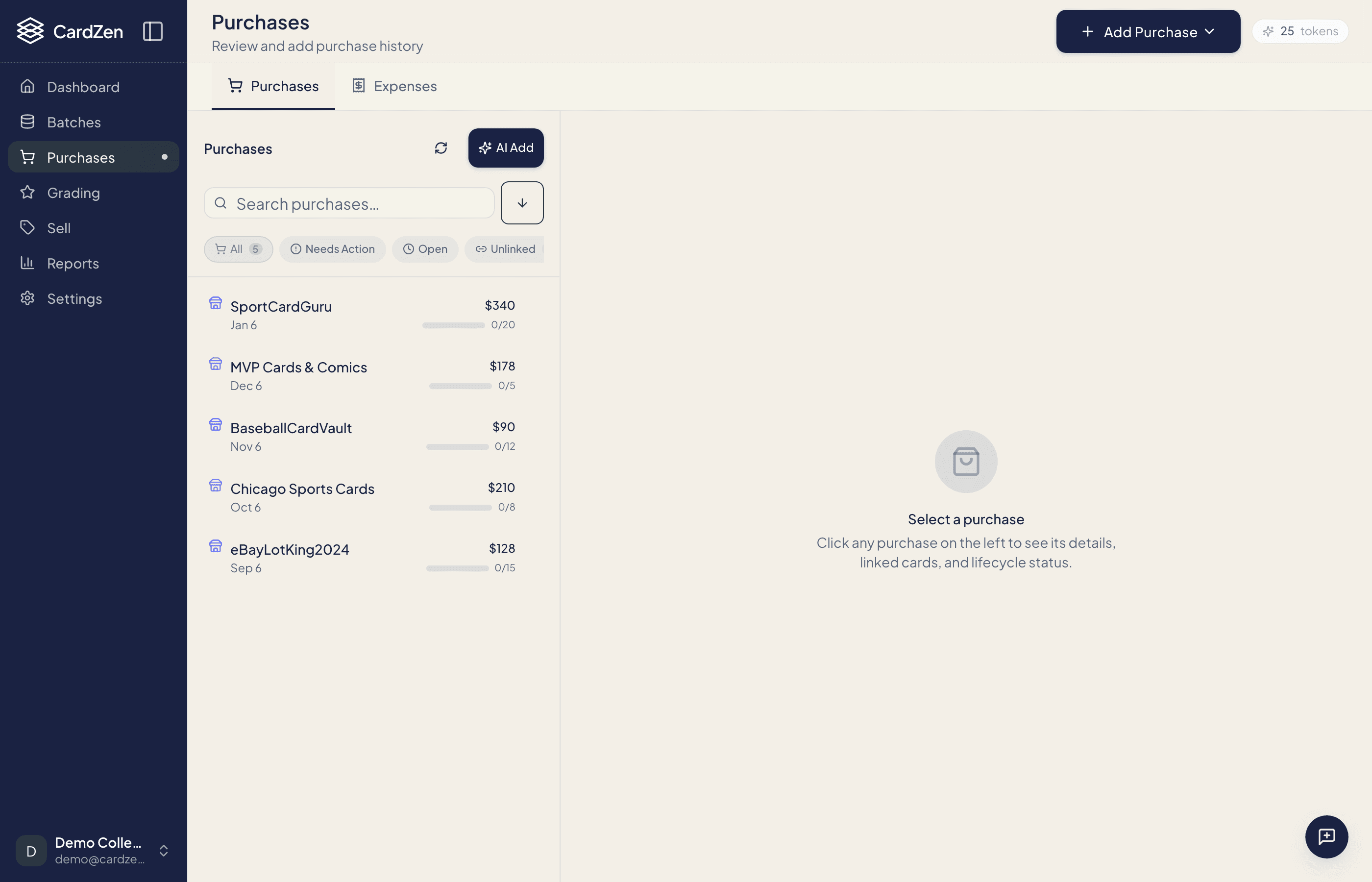 AI Quick Add dialog showing text, image, PDF, and CSV input modes for automatic purchase logging