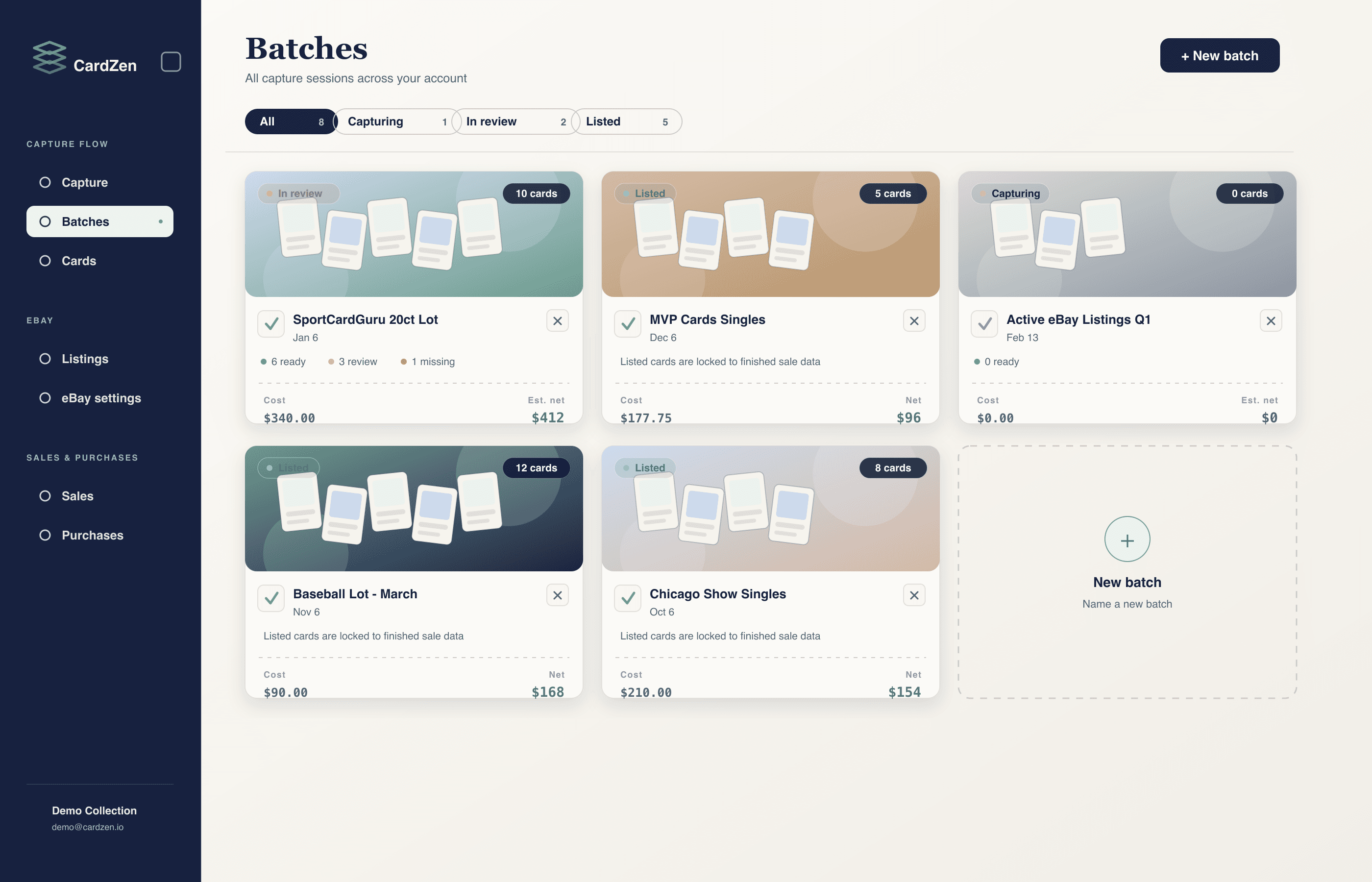 CardZen batches page showing current batch cards, review status, counts, and profit estimates