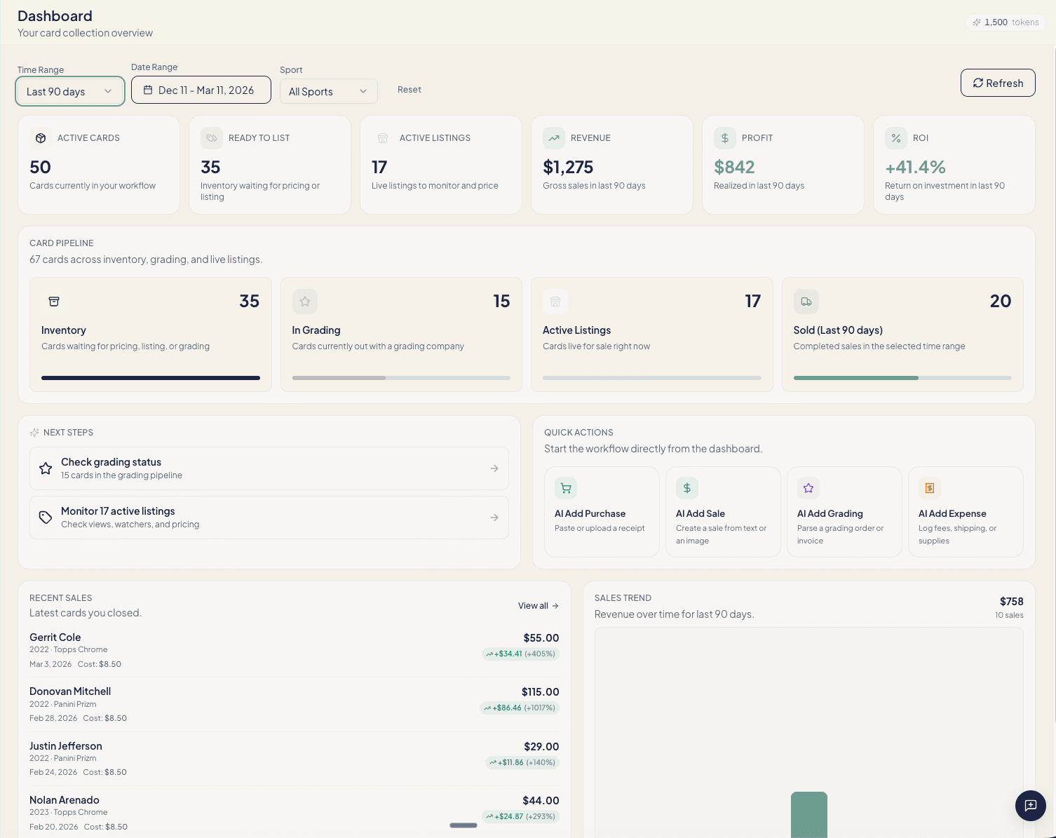 CardZen dashboard showing card pipeline, profit tracking, and quick actions