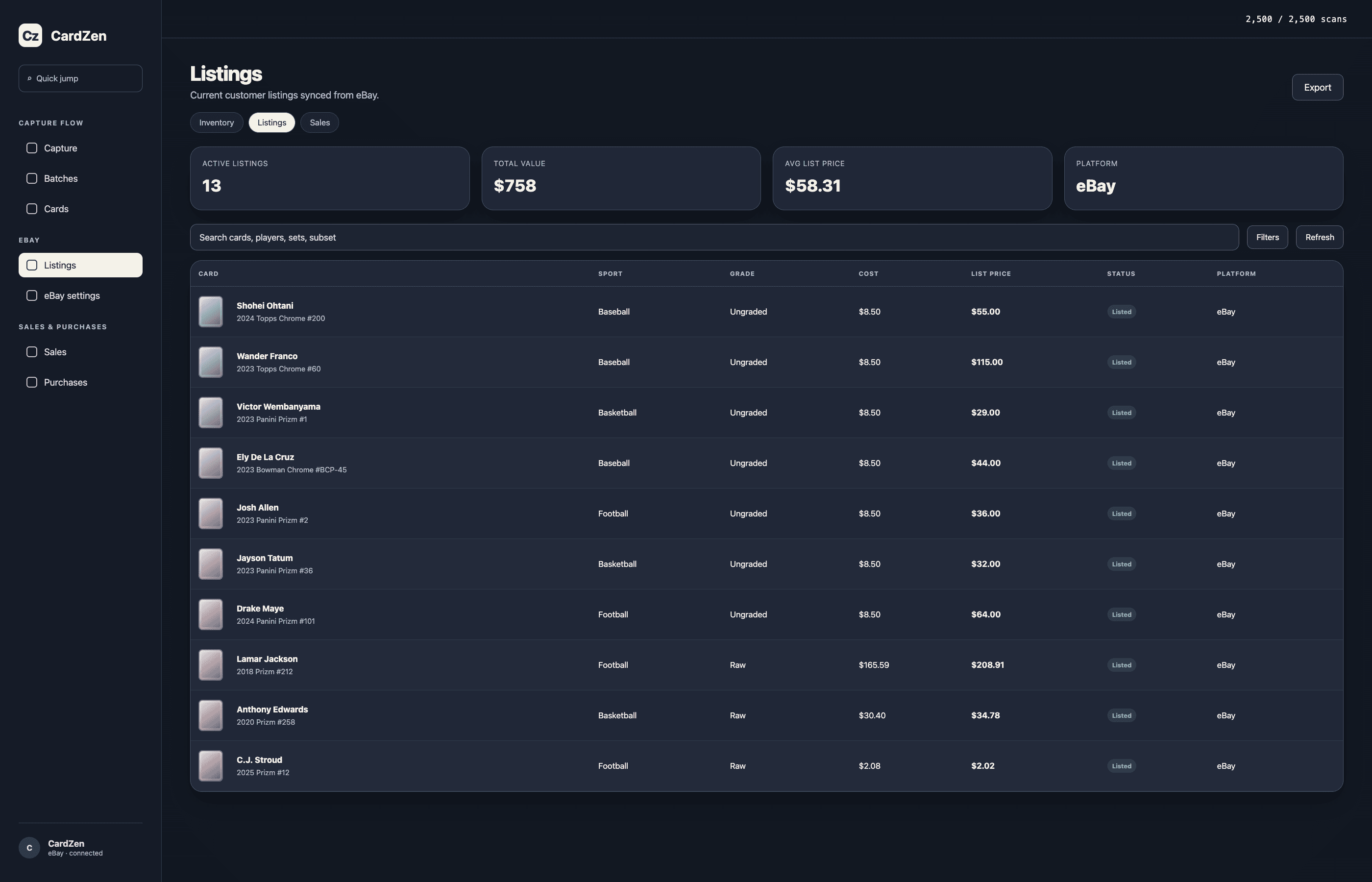 CardZen listings page showing current customer listings synced with eBay