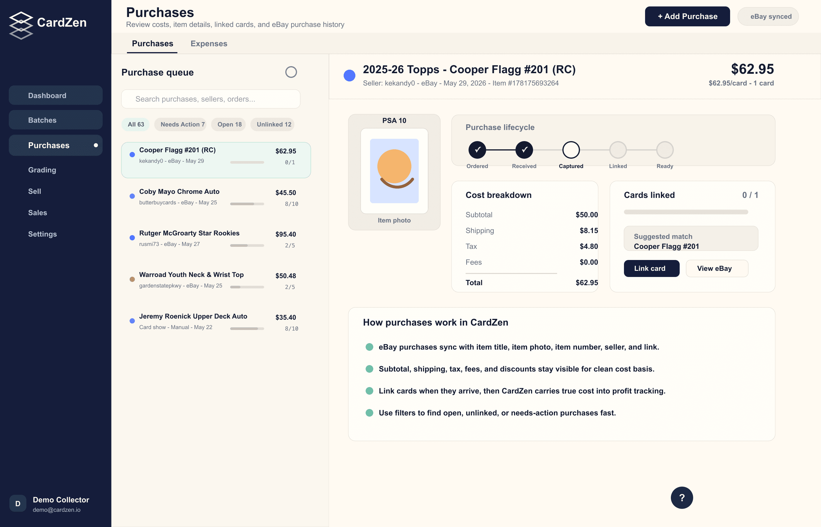 CardZen purchases page showing a selected eBay purchase with item details, cost breakdown, lifecycle status, and card linking