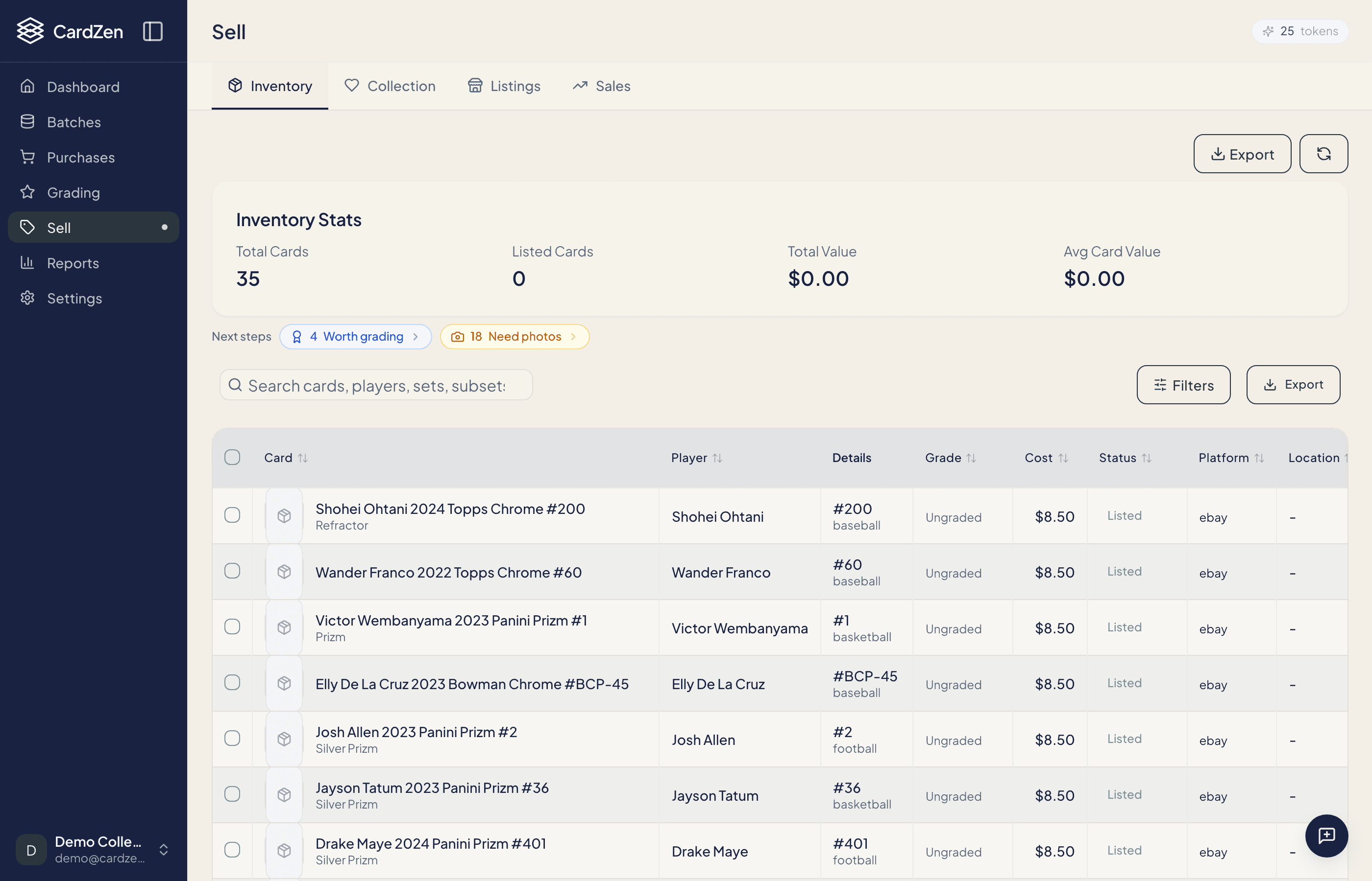 CardZen inventory with eBay integration showing listings, sales tracking, and profit calculation